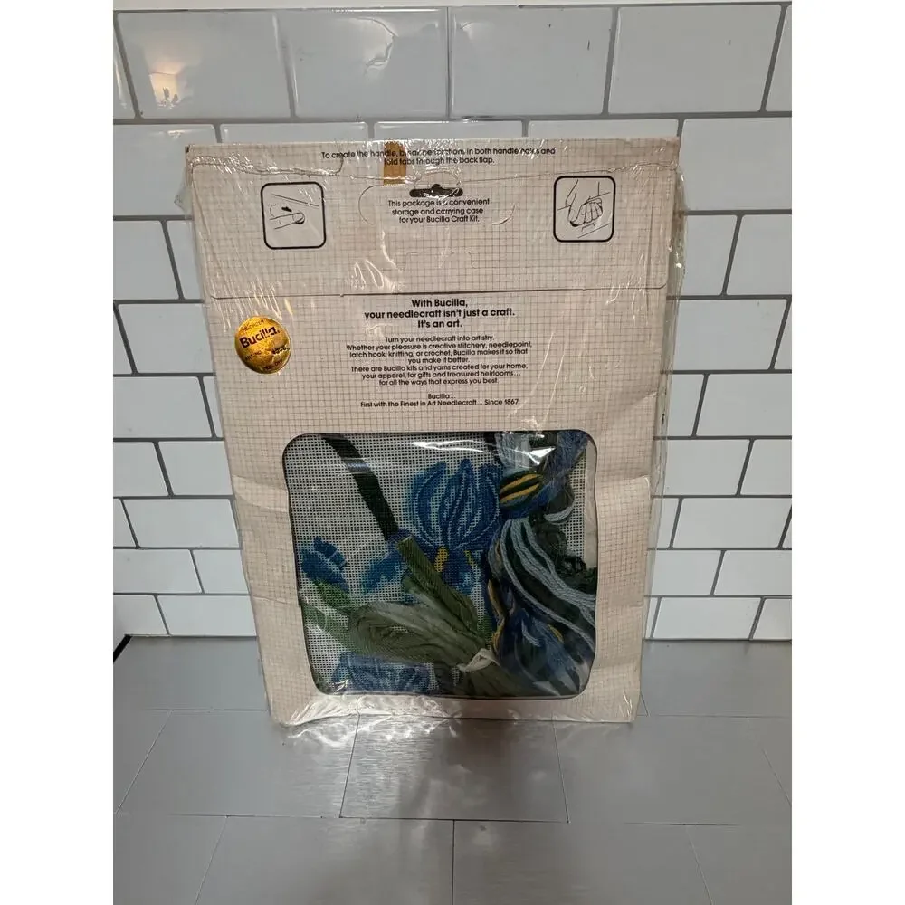 Vintage Bucilla Iris Needlepoint Pillow Kit #4306 14” Complete Sealed USA Wool
